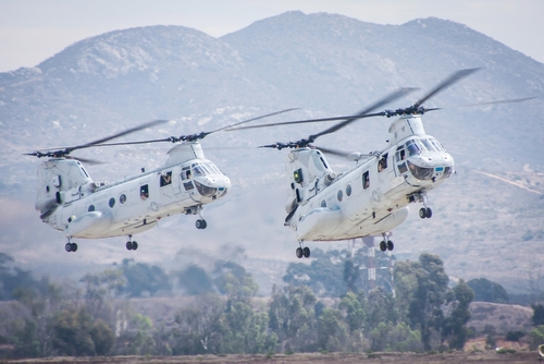 Two military helicopters flying near mountains.