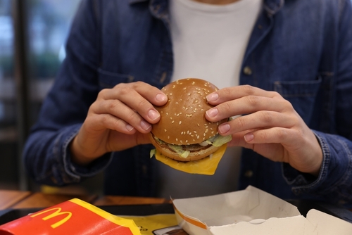 Person holding a McDonald's burger in their hands.