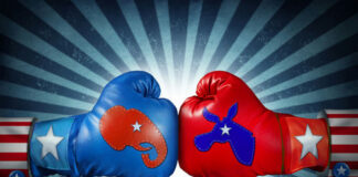 Red and blue boxing gloves representing political parties with stars