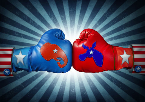 Red and blue boxing gloves representing political parties with stars
