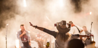 Audience enjoying a live concert with a performer on stage