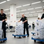 Election officials transporting ballot boxes in a counting facility