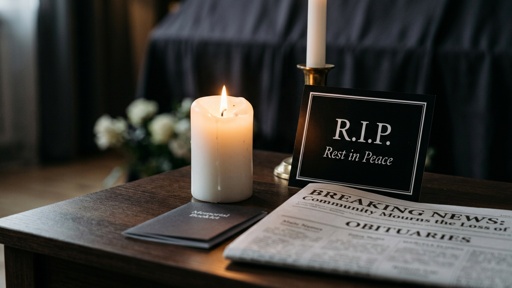 shutterstock_2767076731.jpg A candle and memorial card on a table with a newspaper featuring obituaries