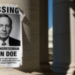 Missing person poster for Congressman John Doe displayed on a column