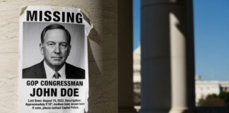 Missing person poster for Congressman John Doe displayed on a column