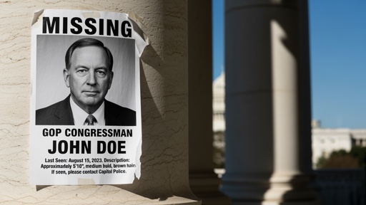 Missing person poster for Congressman John Doe displayed on a column