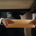 Two people exchanging an envelope under a table.