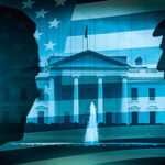 Trump’s Ceasefire GAMBLE: Will Iran Deal Hold? Silhouettes of two figures in front of the White House with an American flag overlay