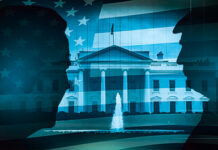 Silhouettes of two figures in front of the White House with an American flag overlay