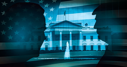 5-9-2020,,Washington.,Trump,Vs,Biden,Abstract,Modern,Background,Concept,With Silhouettes of two figures in front of the White House with an American flag overlay