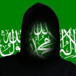 Hooded figure with Arabic calligraphy on a green background
