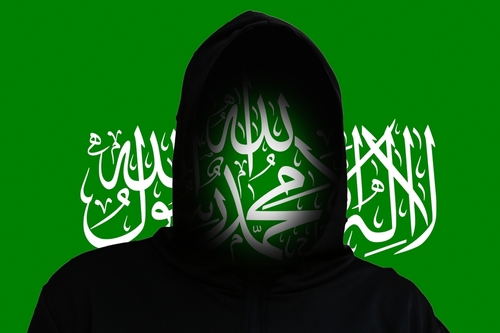 shutterstock_2376560051.jpg Hooded figure with Arabic calligraphy on a green background