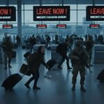 EBOLA Travel ALERT: Borders Tighten Worldwide…. Crowd of people in an airport responding to evacuation alerts with military personnel present