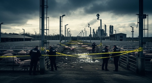 Police officers investigating a farm area with pigs and caution tape