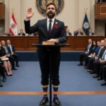 A man in a suit taking an oath with a rainbow sock visible