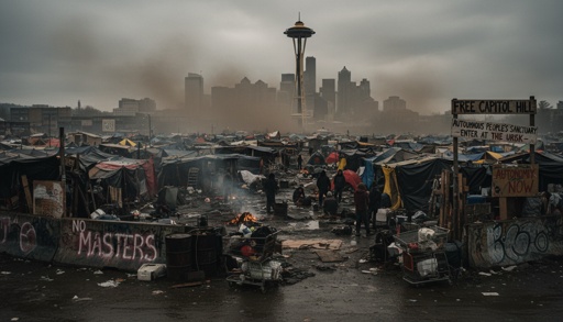 A view of a homeless encampment with the Seattle skyline in the background