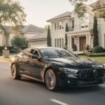 A sleek black luxury car driving past elegant homes on a sunny street