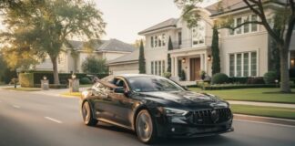A sleek black luxury car driving past elegant homes on a sunny street