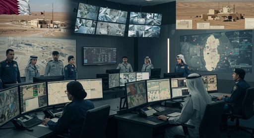 Military personnel in a command center with multiple screens displaying maps and surveillance footage