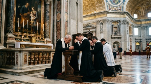 shutterstock_2762539941.jpg Clergy members kneeling in prayer inside a grand cathedral