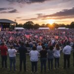 Concert CHAOS—Trump Eyes Massive Mall Rally Large crowd at a political rally during sunset