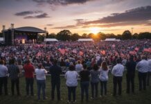 Concert CHAOS—Trump Eyes Massive Mall Rally Large crowd at a political rally during sunset