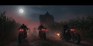 Motorcycle riders traveling through a cornfield at night under a full moon