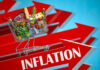 Shopping cart filled with groceries atop Inflation arrow.