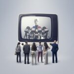 A group of people watching a robot giving a press conference on a vintage television