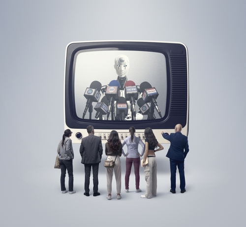 Audience,Following,Fake,News,On,Television,,An,Ai,Robot,Is A group of people watching a robot giving a press conference on a vintage television