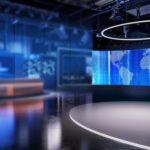 Trump/NBC Meltdown Narrative? What REALLY Happened Modern TV news studio with curved LED world map screen and empty anchor desk