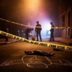 Police officers investigating a crime scene with a chalk outline on the ground