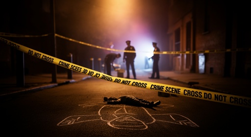 Police officers investigating a crime scene with a chalk outline on the ground