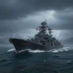 Bigger Warships, Bigger Lies A military ship navigating through a stormy sea with dark clouds and lightning