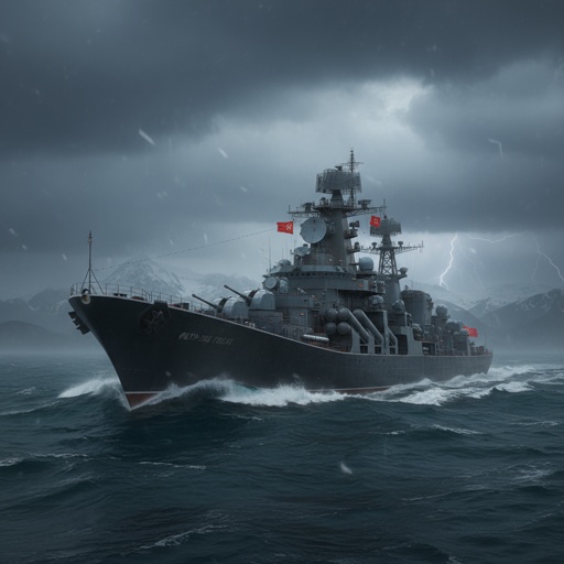Ominous,Russian,Naval,Ship A military ship navigating through a stormy sea with dark clouds and lightning