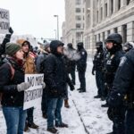 Driver Doesn’t STOP — Bodies FLY Protesters holding signs against ICE in a snowy environment