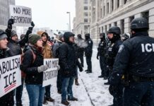 Driver Doesn’t STOP — Bodies FLY Protesters holding signs against ICE in a snowy environment