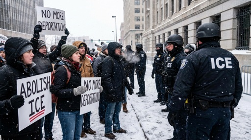Streets,Of,Cold,Minnesota,Protesers,Getting,Aggresive,With,Ice,Agents Protesters holding signs against ICE in a snowy environment