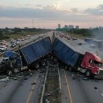 Work-Zone CARNAGE Exposes I-95 Time Bomb… Two overturned trucks blocking a highway with emergency responders at the scene