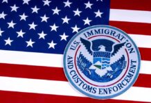 ICE Mission Exposed: Law Or Muscle? U.S. immigration and customs enforcement seal on American flag