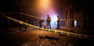 Police officers investigating a crime scene with a chalk outline on the ground