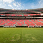 Football stadium stands viewed from the field