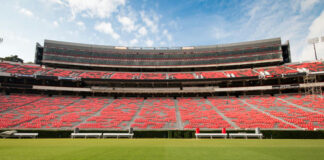 Football stadium stands viewed from the field
