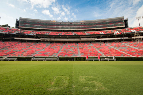Football stadium stands viewed from the field