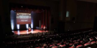 Audience in a theater watching a stage presentation